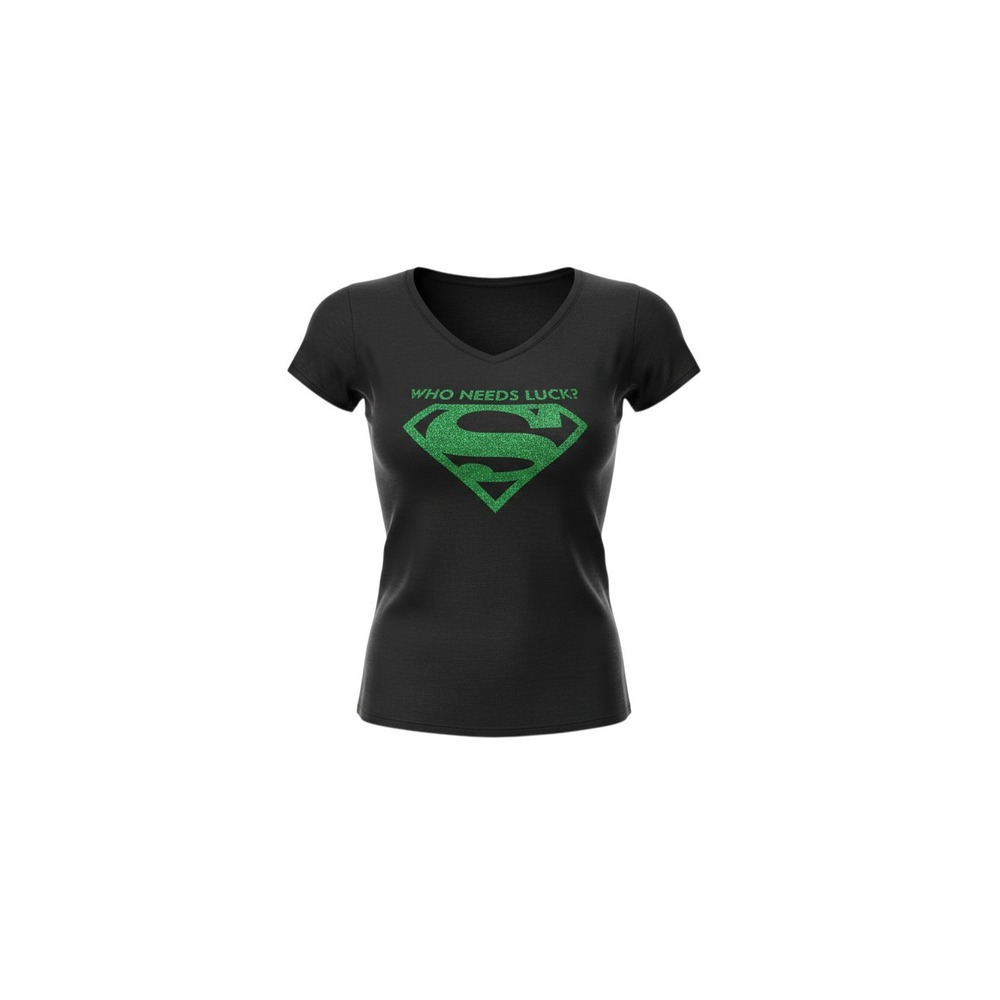 Superman Graphic Tee Juniors Large Black Green Glitter Who Needs Luck V-Neck
